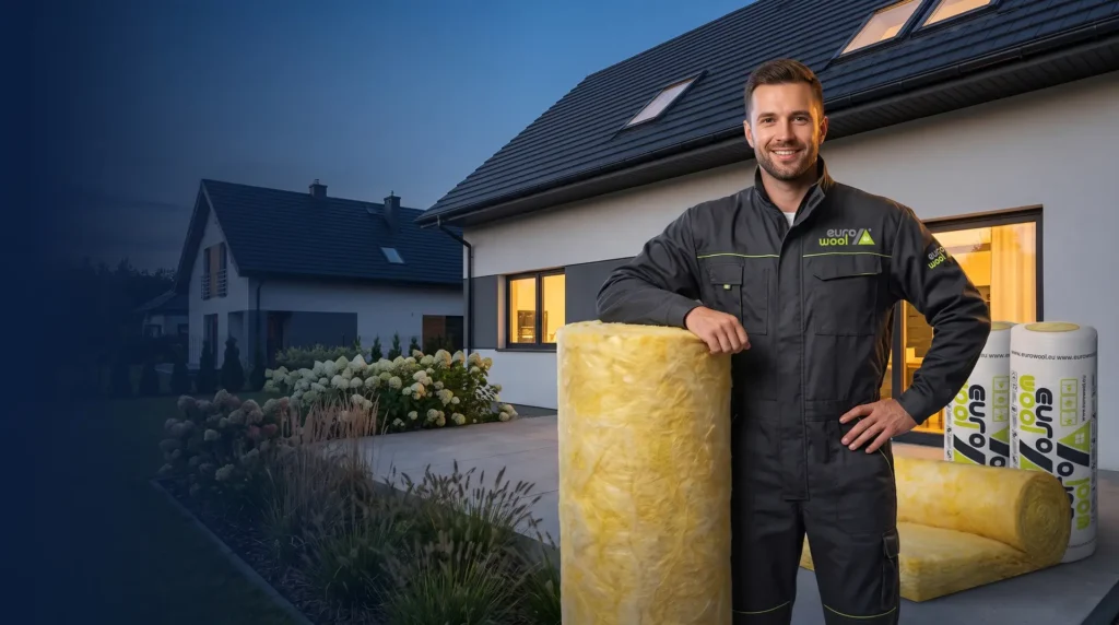 Wykonawca trzymający rolkę wełny mineralnej Eurowool przed domem