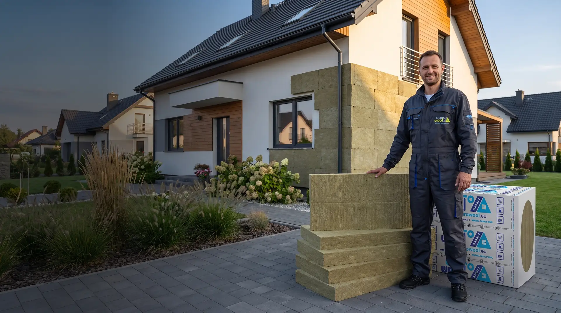 Wykonawca prezentujący płyty z wełny kamiennej Eurowool BASALT przed domem