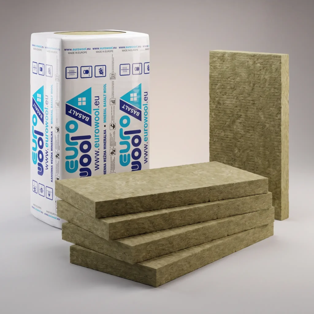 Wełna kamienna Eurowool BASALT – opakowanie i płyty izolacyjne